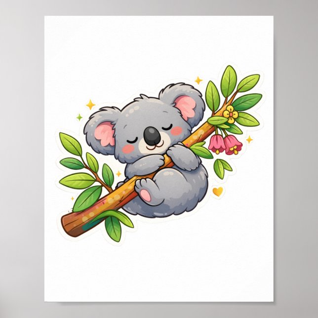 Söt sovande koala på eukalyptusgren Kawaii Poster (Framsidan)