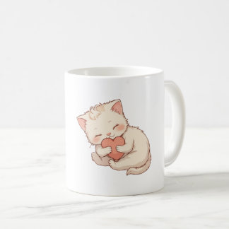 Söt sovande liten ängel som kramar en hjärtamug kaffemugg