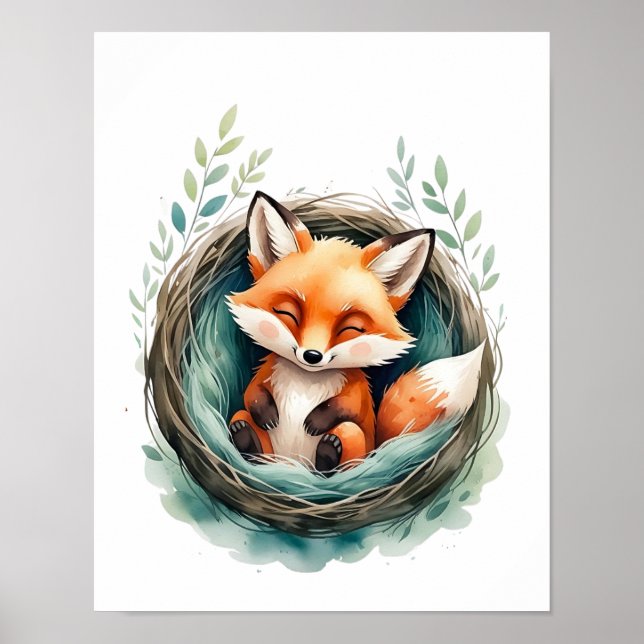 Söt sovande räv boet vattenfärg illustration poster (Framsidan)