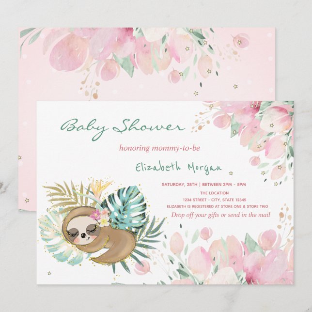 Söt sovande sengångare blommor baby shower  inbjudningar (Fram/baksida)