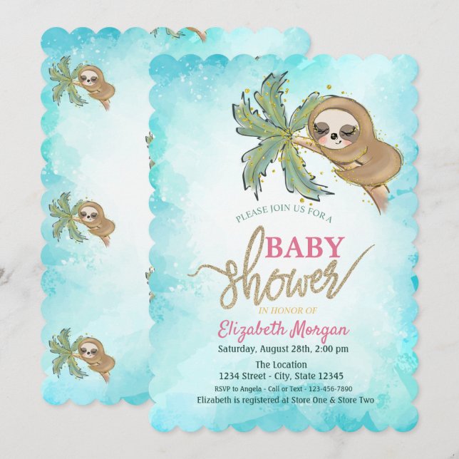 Söt sovande sengångare tropisk baby shower inbjudningar (Fram/baksida)
