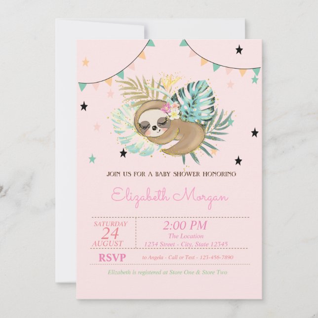 Söt sovande sengångare tropiska blad baby shower  inbjudningar (Framsida)