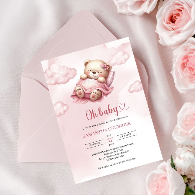 Söt sovande teddybjörn i rosa himmel med moln inbjudningar (Cute sleeping teddy bear in pink sky and clouds invitation)