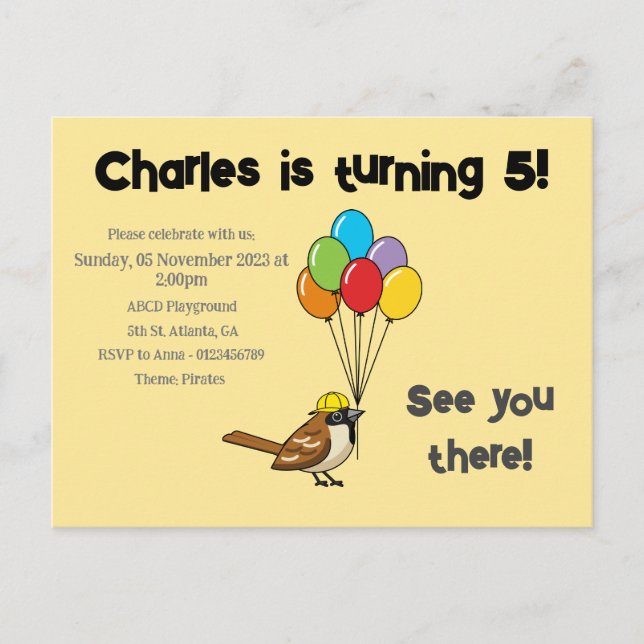 Söt sparv med ballonger födelsedag | Personliggör Inbjudan Vykort (Framsida)