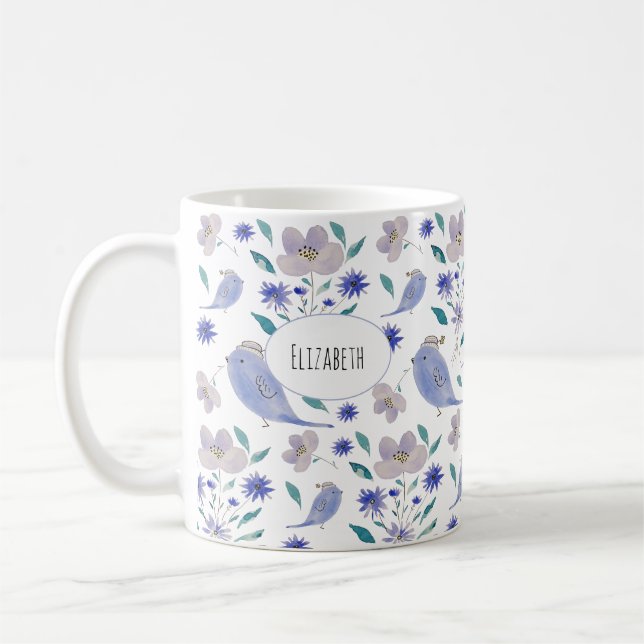 Söt sparv med blomsterhatt kaffemugg (Vänster)