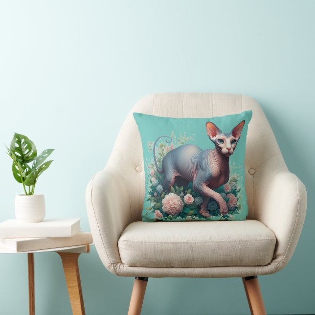 Söt Sphynx Kat & Flowers Kudde (Stol)