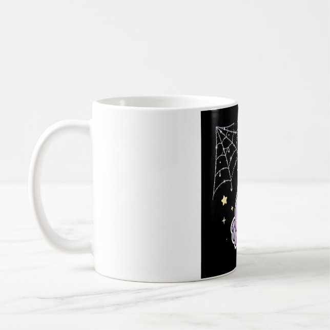 Söt spindel på glittrande spindelnät kaffemugg (Vänster)