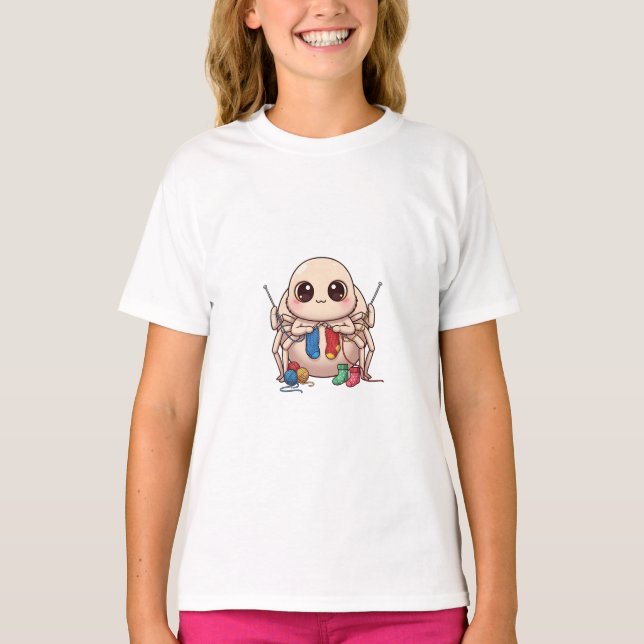 Söt spindel stickar med garn barn t shirt (Framsida)