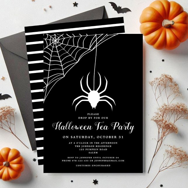Söt spindel svart & vit Halloween tesalong Inbjudningar (Cute Spider Black & White Halloween Tea Party Invitation)