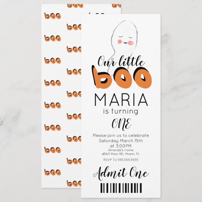 Söt spök Boo Ticket Style festinbjudan Inbjudningar (Fram/baksida)