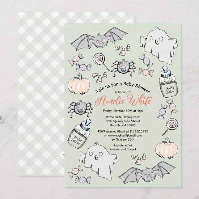 Söt spök-, fladdermus- och spindel Halloween-bebis Inbjudningar (Fram/baksida)