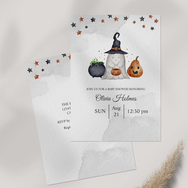 Söt spök Halloween baby shower Inbjudningar (Halloween Baby Shower Invitation on gray table.)