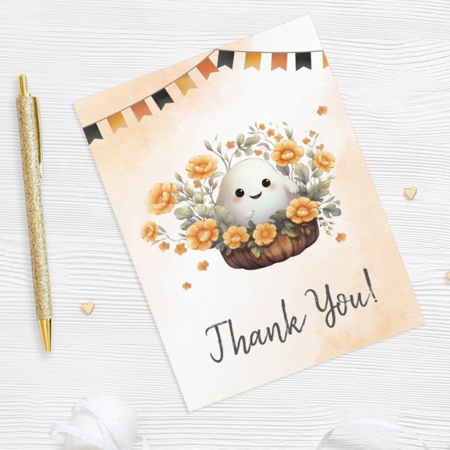Söt spök Halloween födelsedag Tack Kort (Add a touch of cuteness to your Halloween birthday celebration with this adorable ghost design.)
