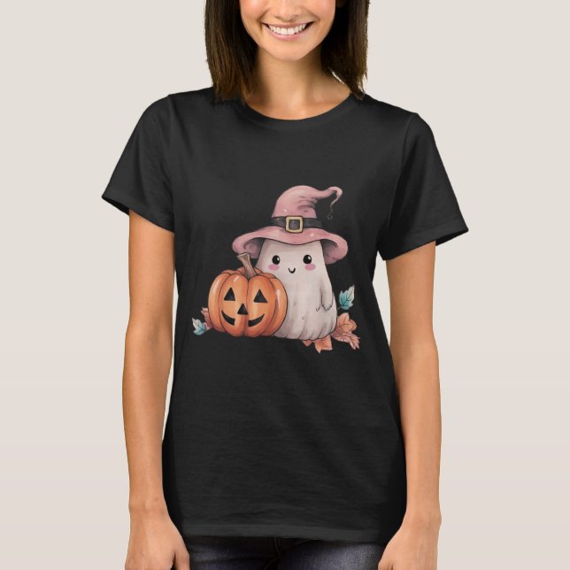 Söt Spök Jack-O' Lantern Lämnar Svart Halloween T Shirt (Framsida)