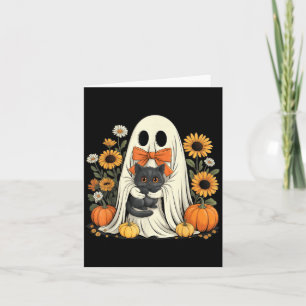 Söt spök med svart katt Halloween-pumpa Kort
