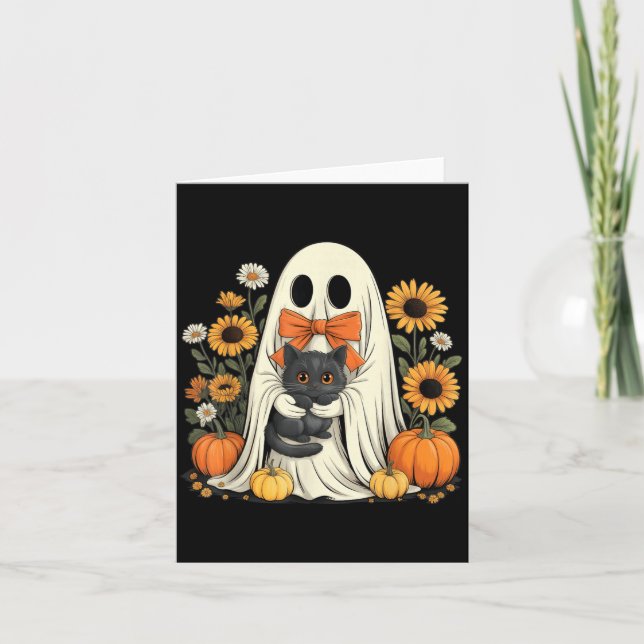 Söt spök med svart katt Halloween-pumpa Kort (Framsida)