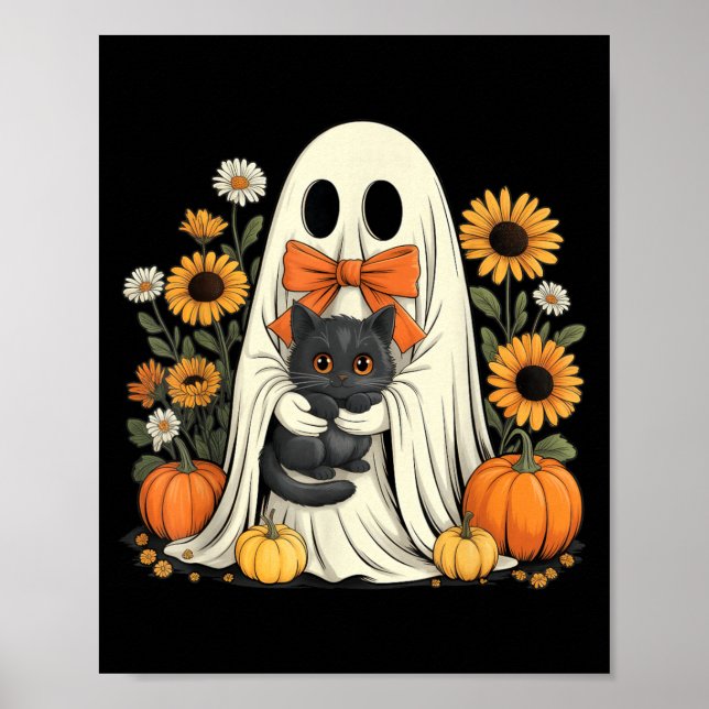 Söt spök med svart katt Halloween-pumpa Poster (Framsidan)