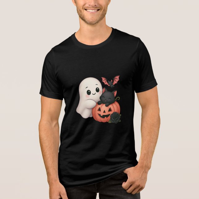 Söt spök och katt med pumpa t shirt (Framsida)