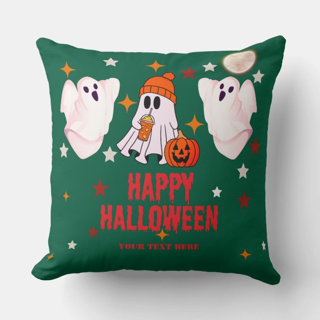 Söt spök- och pumpa anpassad text Glad Halloween Kudde (Framsida)