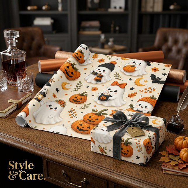 Söt spök- och pumpa Halloween-design Presentpapper (Cute Ghost & Pumpkin Halloween Pattern Wrapping Paper)