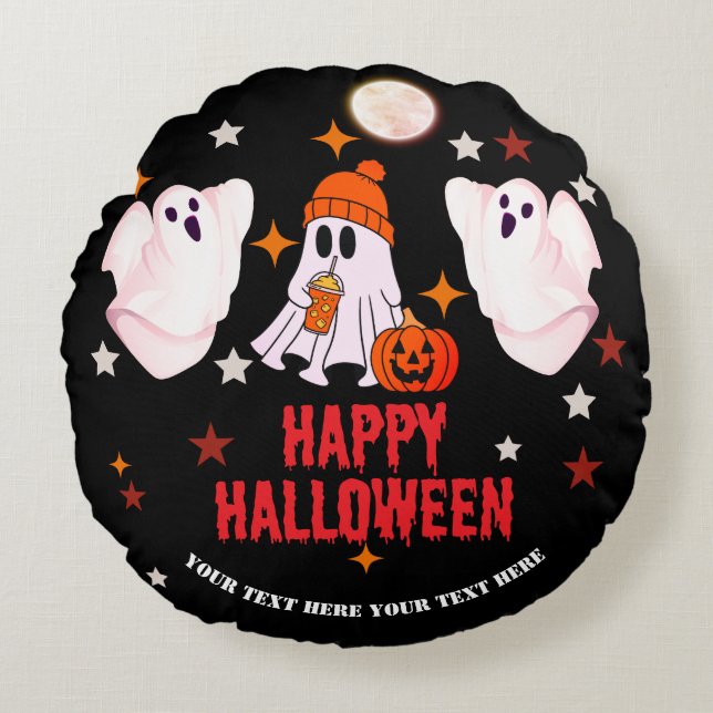 Söt spök- och pumpa-skräddarsydd text Glad Hallowe Rund Kudde (Framsidan)