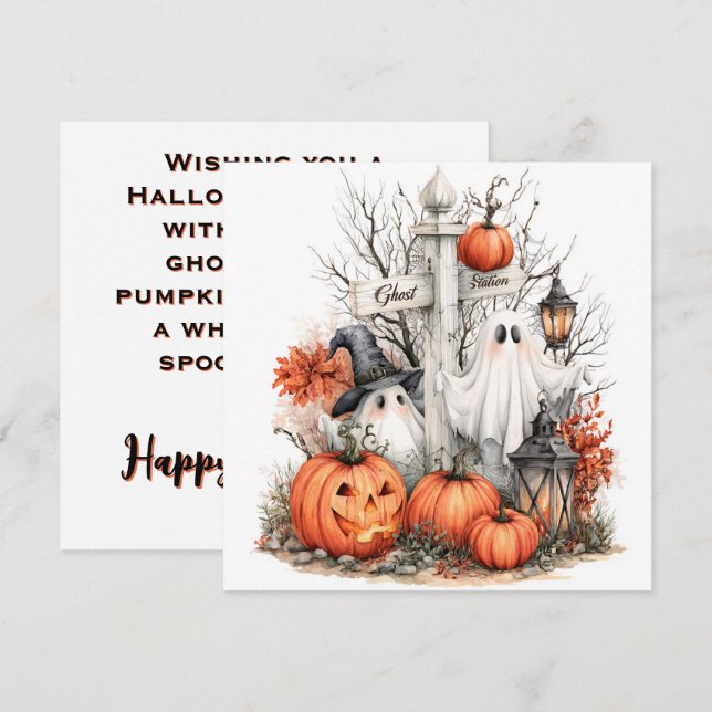 Söt spök- och pumpafälts Halloween-kort (Fram/baksida)
