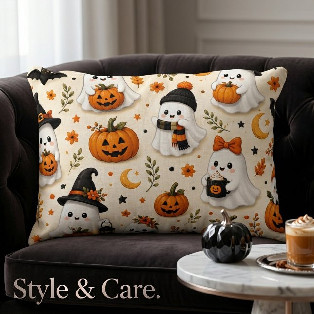Söt spök- och pumpahalloweenmönster prydnadskudde (Cute Ghost & Pumpkin Halloween Pattern Accent Pillow)
