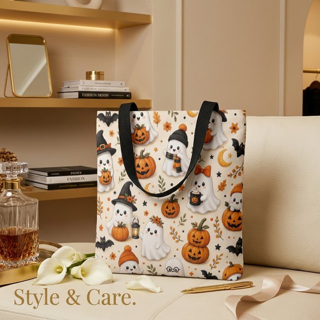 Söt spök- och pumpahalloweenmönster tygkasse (Cute Ghost & Pumpkin Halloween Pattern Tote Bag)