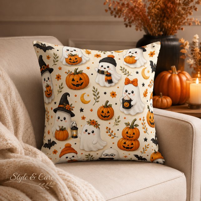 Söt spök- och pumpapump Halloween-mönster Kudde (Cute Ghost & Pumpkin Halloween Pattern Throw Pillow)