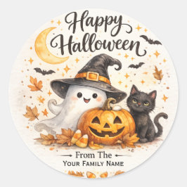 Söt spök- och svart katt Halloween-dekal Runt Klistermärke
