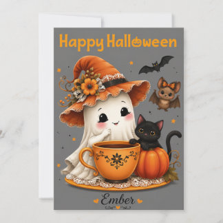 Söt spök- och svart katt Halloween-design Inbjudningar