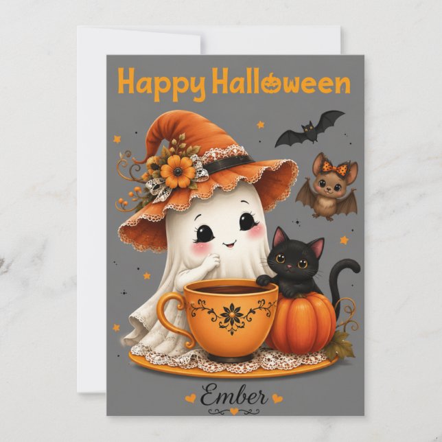 Söt spök- och svart katt Halloween-design  Inbjudningar (Framsida)
