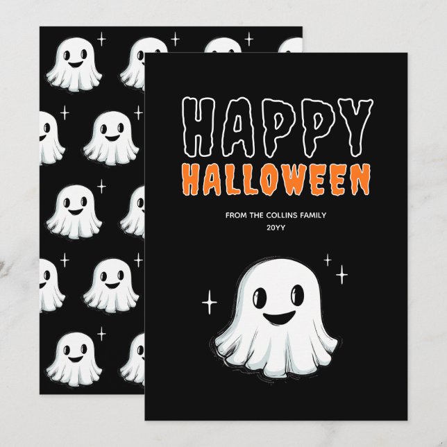 Söt spök orange och svart kuslig glad Halloween Julkort (Fram/baksida)