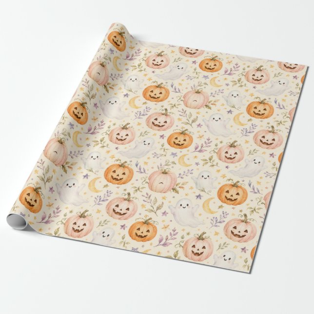 Söt Spök Pumpa Akvarell Halloween Presentpapper (Utrullad)