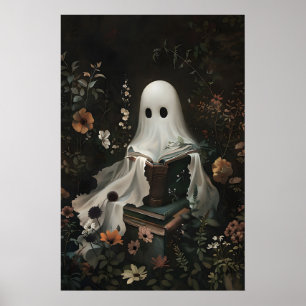 Söt spök som läser böcker Print, Digital Halloween Poster