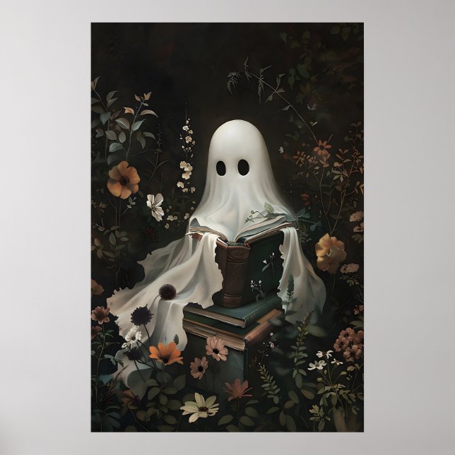 Söt spök som läser böcker Print, Digital Halloween Poster (Framsidan)