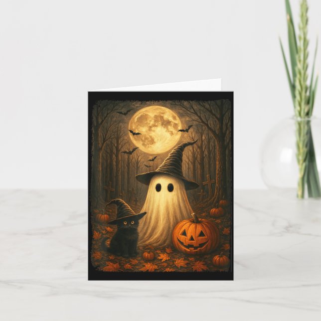 Söt Spök Svart Katt Halloween Häxa Pumpa Mörk Kort (Framsida)