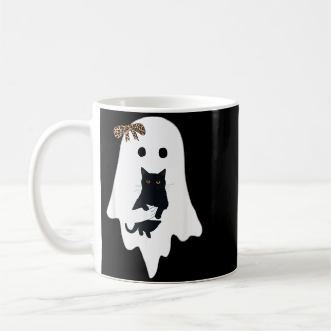 Söt spök svart katt leopard rolig spöklik kaffemugg (Vänster)
