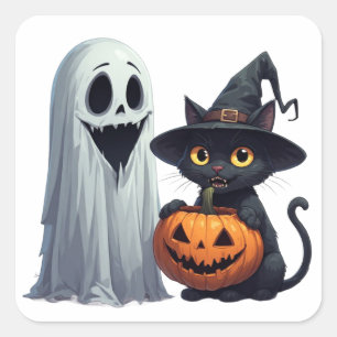 Söt spök svart katt och pumpa-samling 👻 fyrkantigt klistermärke