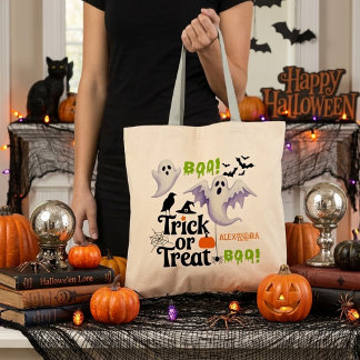 Söt spök-trick eller treat anpassat namn Halloween Tygkasse