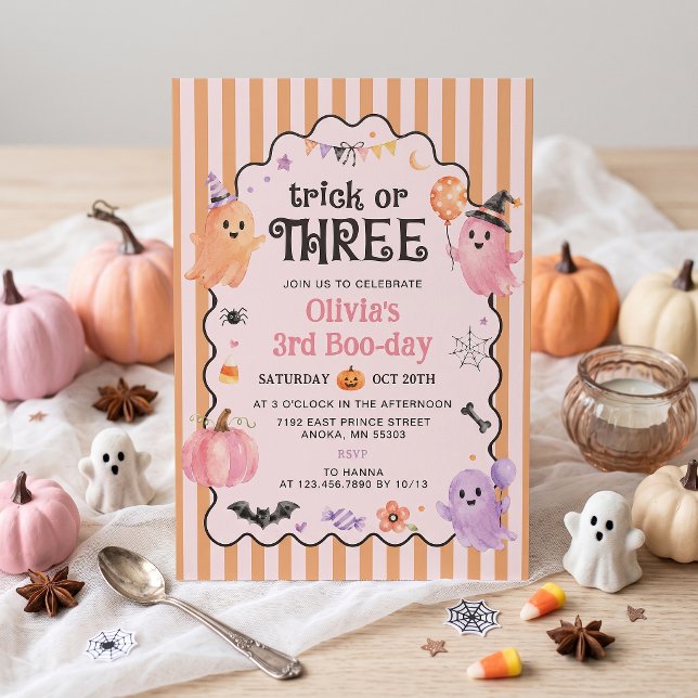 Söt spök trick or three 3-års födelsedagsinbjudan  inbjudningar (Skapare uppladdad)