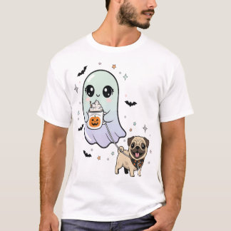 Söt Spökande Hund Pug Kaffe Halloween Kostym T Shirt