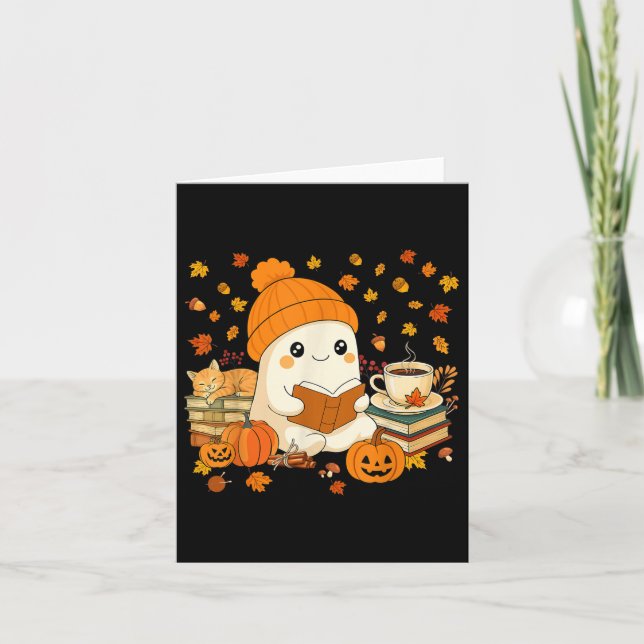 Söt spökbok om läsande bokälskare höst Halloween Kort (Framsida)