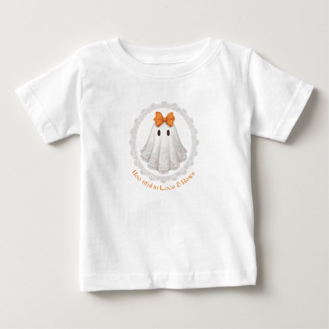 Söt spökdesign med orange rosett och spetskant t shirt (Framsida)