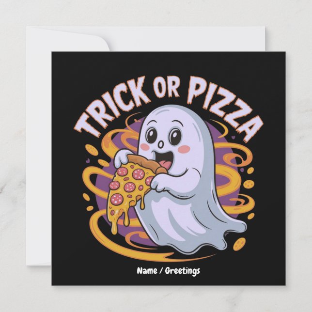 Söt spöke äter pizza kul kuslig trick-or-pizza inbjudningar (Framsida)