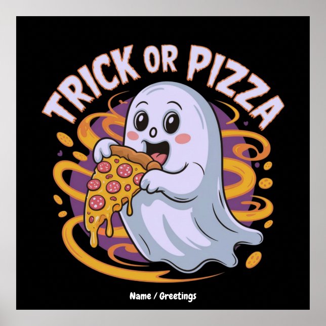 Söt spöke äter pizza kul kuslig trick-or-pizza poster (Framsidan)