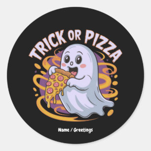 Söt spöke äter pizza kul kuslig trick-or-pizza runt klistermärke
