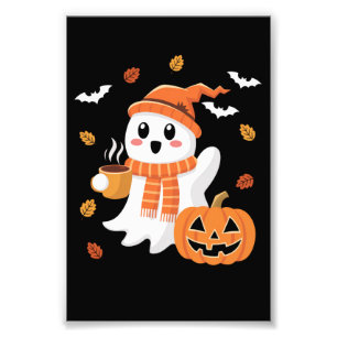 Söt spöke dricker iskaffe Halloween  Fototryck