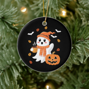 Söt spöke dricker iskaffe Halloween  Julgransprydnad Keramik