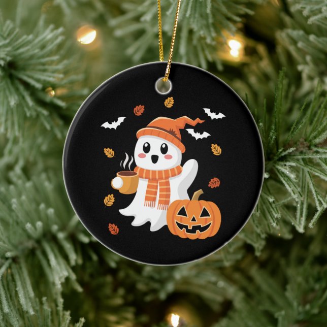 Söt spöke dricker iskaffe Halloween  Julgransprydnad Keramik (Träd)